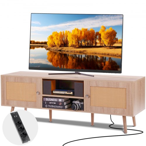 Rattan TV Stand for 65" (165.1 cm) TV Boho TV Stand with Build-in Socket Oak