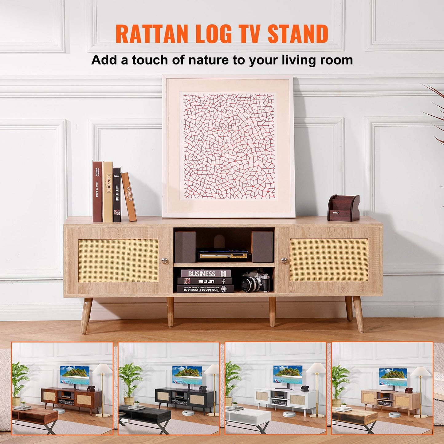 Rattan TV Stand for 65" (165.1 cm) TV Boho TV Stand with Build-in Socket Oak