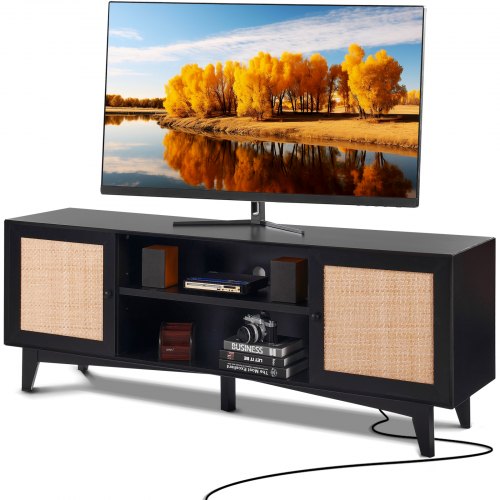 Rattan TV Stand for 75in TV, Boho TV Stand with Rattan Door, Entertainment Center with Build-in Socket, Storage Cabinet with 2 Shelves, Modern TV Console for Living Room, Media Room, Black