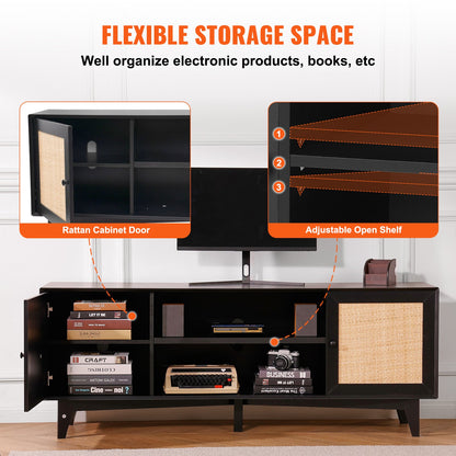 Rattan TV Stand for 75in TV, Boho TV Stand with Rattan Door, Entertainment Center with Build-in Socket, Storage Cabinet with 2 Shelves, Modern TV Console for Living Room, Media Room, Black