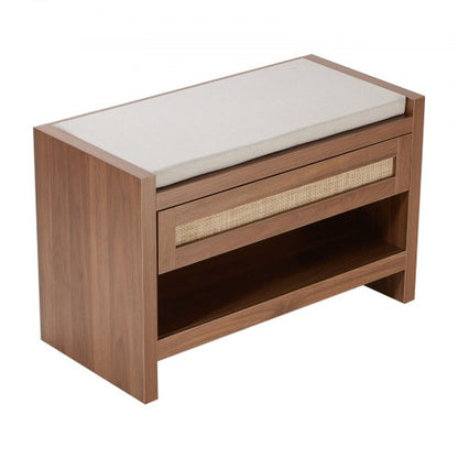 Rottingbänk, 79 cm rottingskobänk, entrébänk med förvaringslåda och linnedyna, lantlig boho-bänk med handvävd rotting, för entré, sovrum, vardagsrum, kök