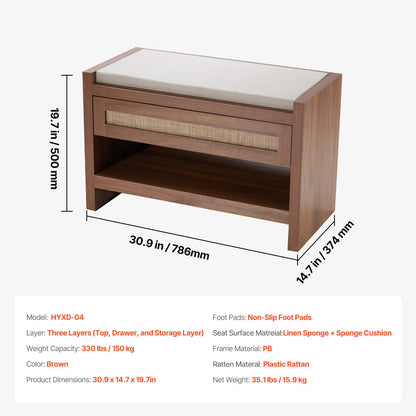 Rottingbänk, 79 cm rottingskobänk, entrébänk med förvaringslåda och linnedyna, lantlig boho-bänk med handvävd rotting, för entré, sovrum, vardagsrum, kök