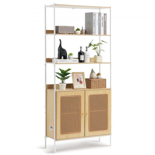 Rattan Bookshelf, Ladder Shelf with 2 Doors, Rectangle Freestanding Open Storage Bookcase Rack Organizer, Storage Display Shelves Ideal for Library, Meeting Room, Office, Study, Natural