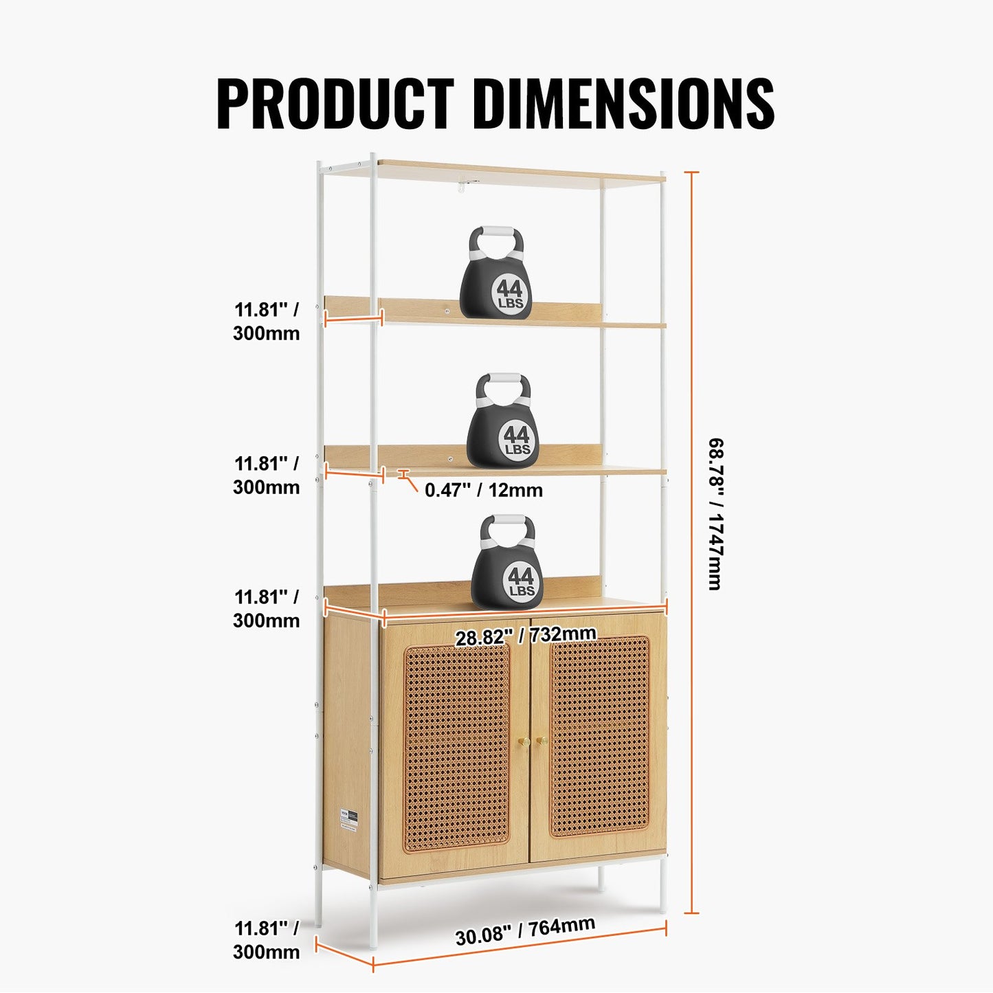 Rattan Bookshelf, Ladder Shelf with 2 Doors, Rectangle Freestanding Open Storage Bookcase Rack Organizer, Storage Display Shelves Ideal for Library, Meeting Room, Office, Study, Natural