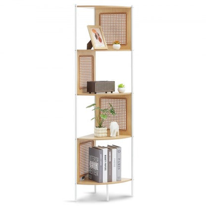 Rattan Corner Bookshelf, 5 Tiers Ladder Corner Shelf with Metal Frame, Narrow Open Wall Corner Storage Rack, Storage Display Shelves Ideal for Library, Meeting Room, Office, Study, Natural