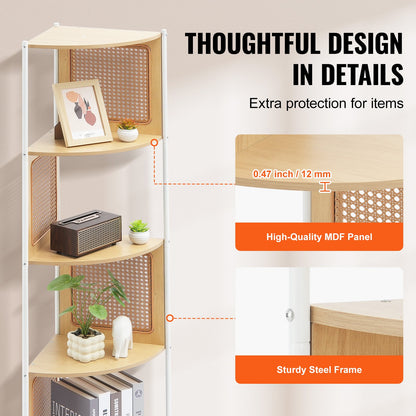 Rattan Corner Bookshelf, 5 Tiers Ladder Corner Shelf with Metal Frame, Narrow Open Wall Corner Storage Rack, Storage Display Shelves Ideal for Library, Meeting Room, Office, Study, Natural