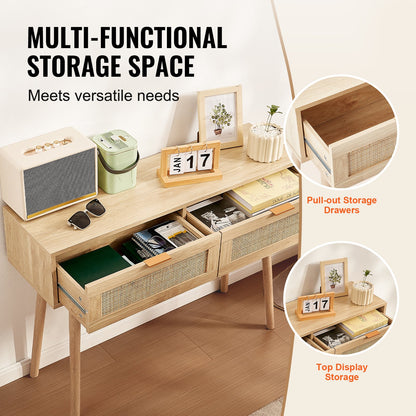 Konsolbord i rotting med 2 förvaringslådor, hallbord i rotting med skjutdörrar i naturlig rotting, soffbord i konsol för vardagsrum, arbetsrum, hall eller TV-vägg, naturlig