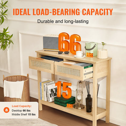 Konsolbord i rotting med 2 förvaringslådor, hallbord i rotting med skjutdörrar i naturlig rotting, soffbord i konsol för vardagsrum, arbetsrum, hall eller TV-vägg, naturlig