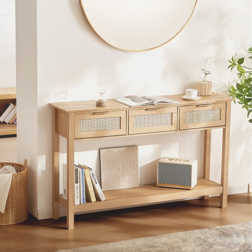 Rattan Console Table with 3 Storage Drawers, Rattan Entryway Table with Natural Rattan Sliding Door, Console Sofa Table for Living Room, Study, Entryway Or TV Wall, Natural