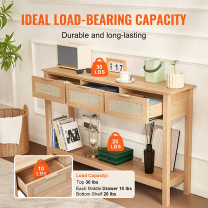 Konsolbord i rotting med 3 förvaringslådor, hallbord i rotting med skjutdörrar i naturlig rotting, soffbord i konsol för vardagsrum, arbetsrum, hall eller TV-vägg, naturlig