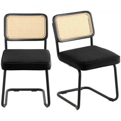 Rattan Chairs, Set of 2, Mid Century Modern Dining Chair, Upholstered Velvet Accent Chair with Rattan Back, Retro Dining Room Kitchen Chair for Living Room, Bedroom, Reading Room, Office, Black