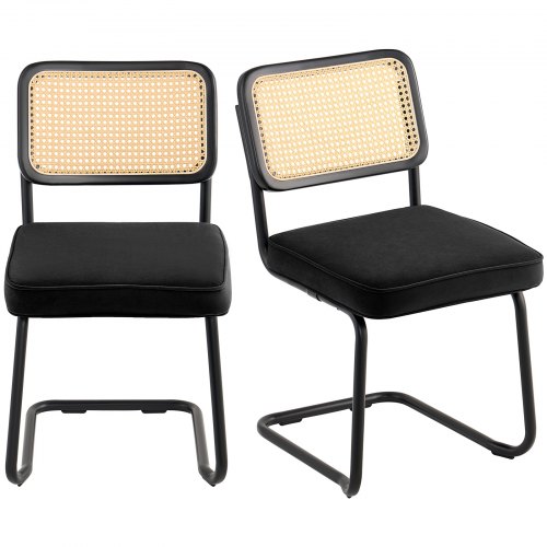 Rattan Chairs, Set of 2, Mid Century Modern Dining Chair, Upholstered Velvet Accent Chair with Rattan Back, Retro Dining Room Kitchen Chair for Living Room, Bedroom, Reading Room, Office, Black