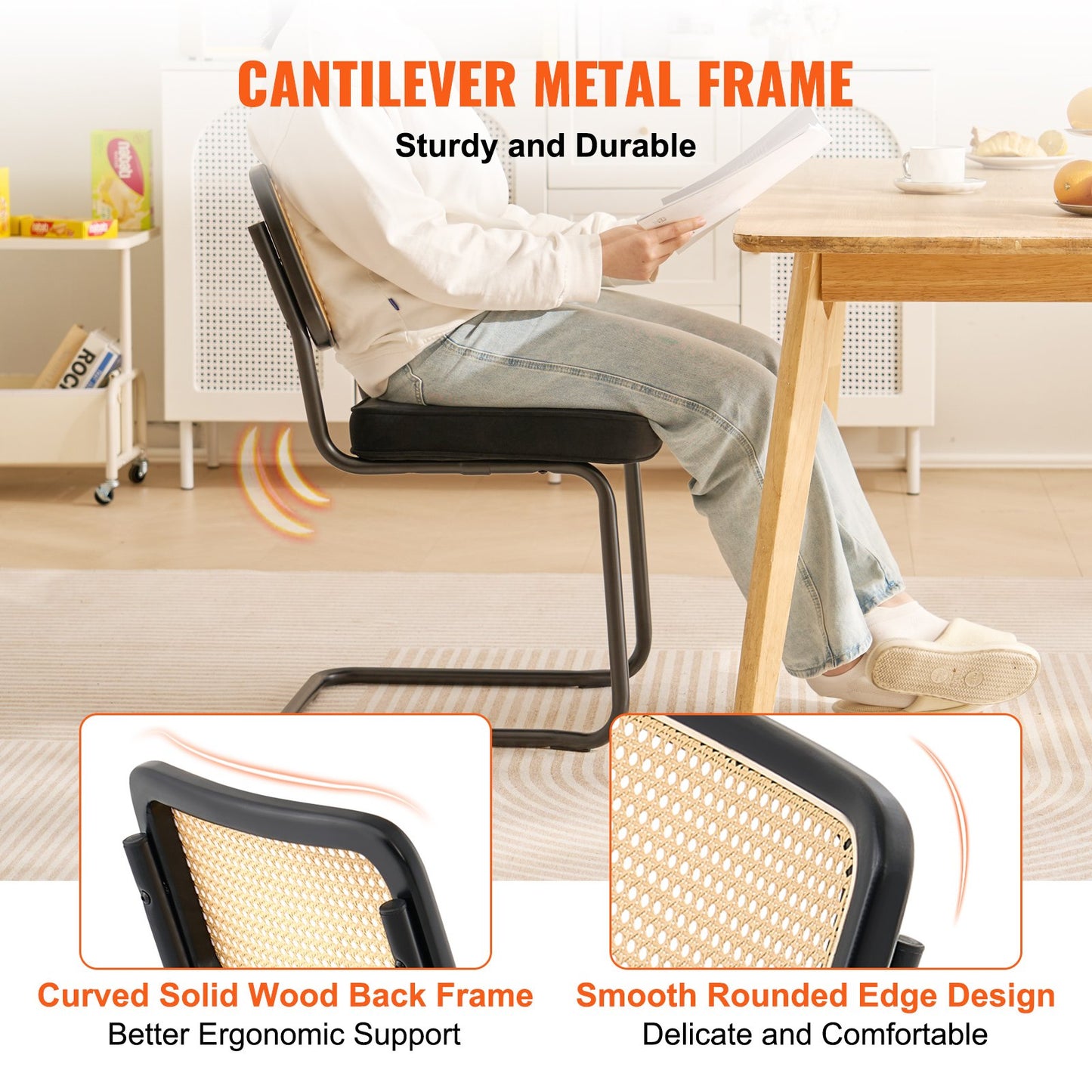 Rattan Chairs, Set of 2, Mid Century Modern Dining Chair, Upholstered Velvet Accent Chair with Rattan Back, Retro Dining Room Kitchen Chair for Living Room, Bedroom, Reading Room, Office, Black