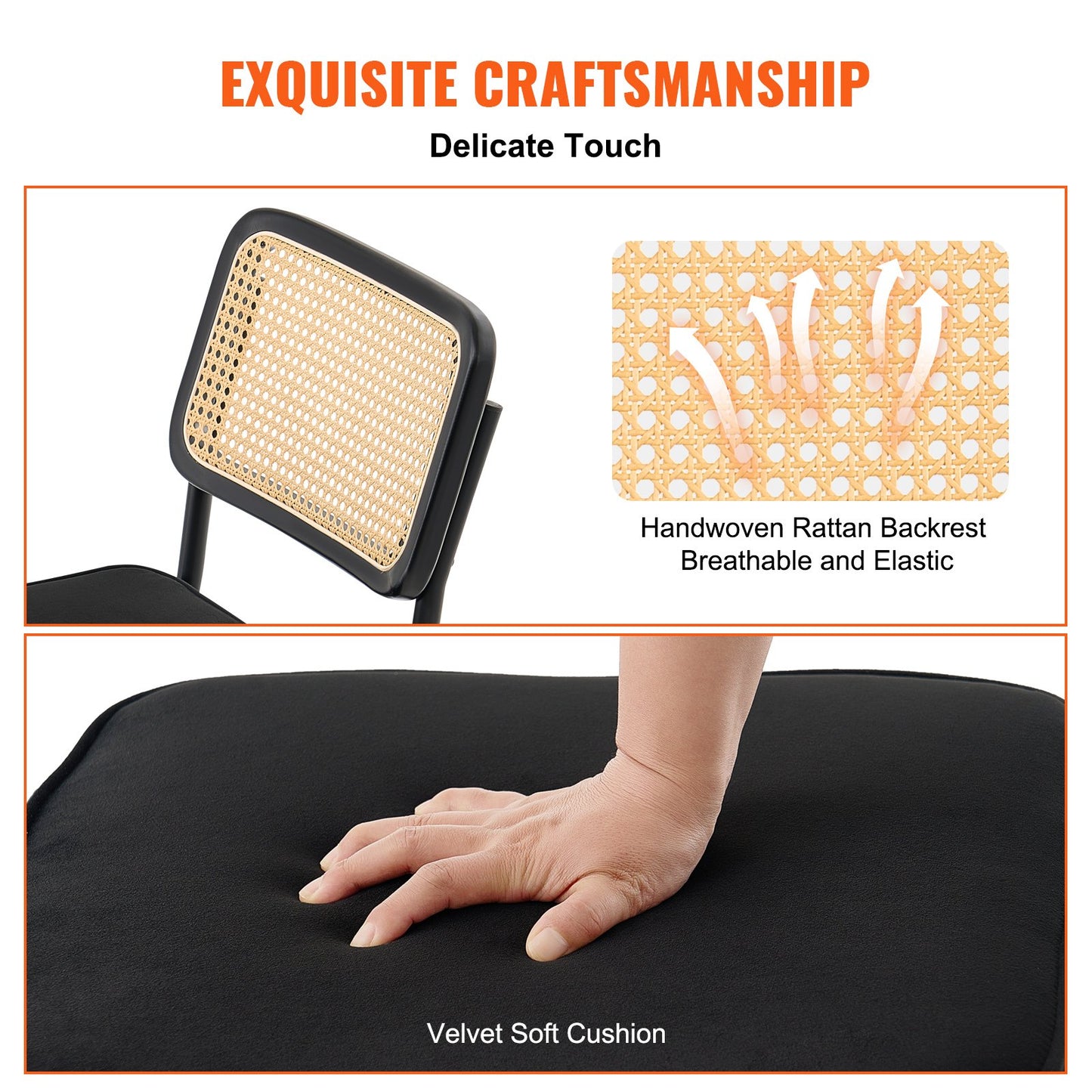 Rattan Chairs, Set of 4, Mid Century Modern Dining Chair, Upholstered Velvet Accent Chair with Rattan Back, Retro Dining Room Kitchen Chair for Living Room, Bedroom, Reading Room, Office, Black