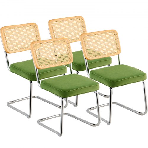 Rattan Chairs, Set of 4, Mid Century Modern Dining Chair, Upholstered Velvet Accent Chair with Rattan Back, Retro Dining Room Kitchen Chair for Living Room, Bedroom, Reading Room, Office, Green