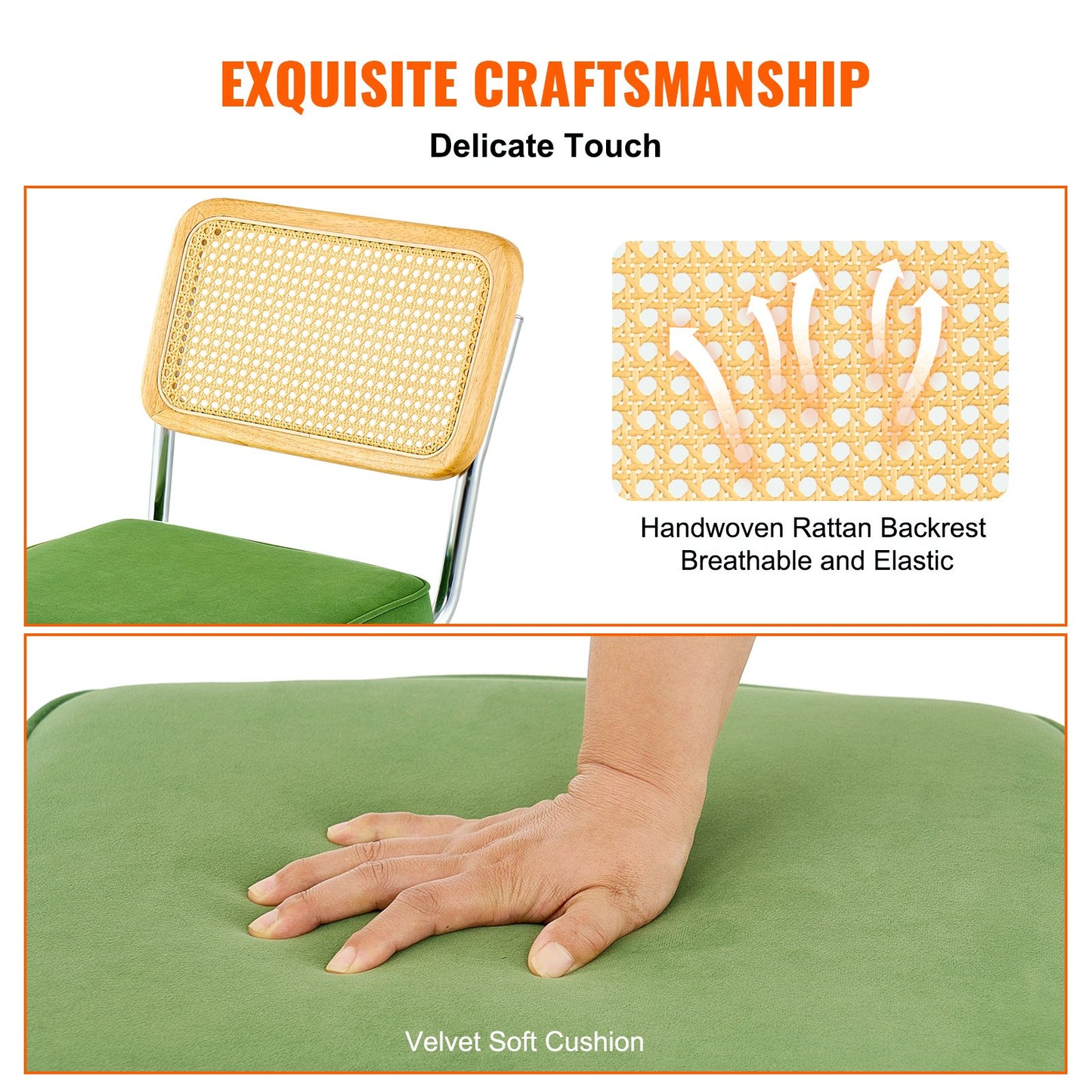 Rottingstolar, set om 4, matstolar i 50-talsmodern stil, klädd sammetsstol med rottingrygg, retro matsalsköksstol för vardagsrum, sovrum, läsrum, kontor, grön