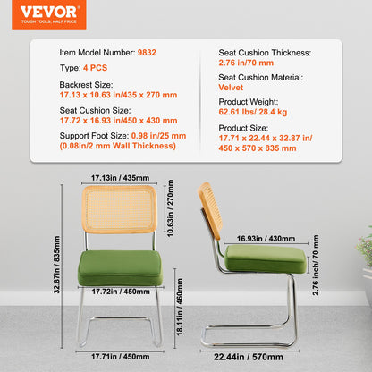 Rottingstolar, set om 4, matstolar i 50-talsmodern stil, klädd sammetsstol med rottingrygg, retro matsalsköksstol för vardagsrum, sovrum, läsrum, kontor, grön