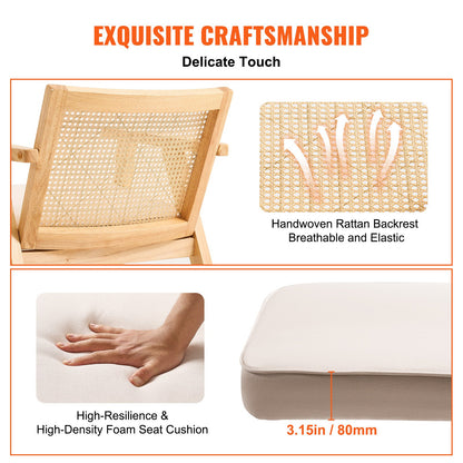 Rottingstol, Mid-Century Modern matstol med armstöd, Klädd stol med rottingrygg, Retro rottingmatsalköksstol för vardagsrum, sovrum, läsrum och kontor, Beige