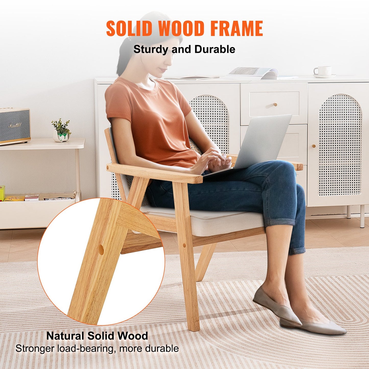 Rottingstol, Mid-Century Modern matstol med armstöd, Klädd stol med rottingrygg, Retro rottingmatsalköksstol för vardagsrum, sovrum, läsrum och kontor, Beige