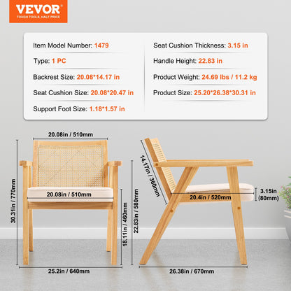 Rottingstol, Mid-Century Modern matstol med armstöd, Klädd stol med rottingrygg, Retro rottingmatsalköksstol för vardagsrum, sovrum, läsrum och kontor, Beige