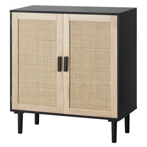 Rattan Cabinet, Rattan Storage Cabinet with 2 Magnetic Doors and Adjustable Shelves, Sideboard Buffet Cabinet for Hallway, Entryway, Living Room, or Kitchen, Black