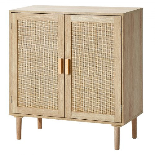 Rattan Cabinet, Rattan Storage Cabinet with 2 Magnetic Doors and Adjustable Shelves, Sideboard Buffet Cabinet for Hallway, Entryway, Living Room, or Kitchen, Natural
