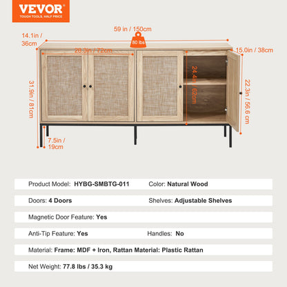 Rattan Cabinet, Rattan Storage Cabinet with 4 Magnetic Doors and Adjustable Shelves, Sideboard Buffet Cabinet for Hallway, Entryway, Living Room, or Kitchen, Natural