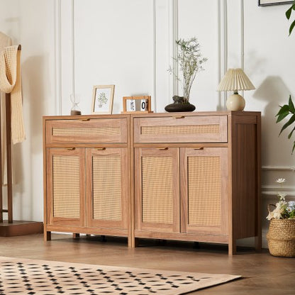 Rattan Cabinet, Set of 2, Rattan Storage Cabinet with 4 Magnetic Doors and 2 Drawers, Sideboard Buffet Cabinet with Adjustable Shelves, for Hallway, Entryway, Living Room, or Kitchen, Natural
