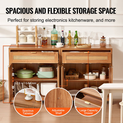 Rattan Cabinet, Set of 2, Rattan Storage Cabinet with 4 Magnetic Doors and 2 Drawers, Sideboard Buffet Cabinet with Adjustable Shelves, for Hallway, Entryway, Living Room, or Kitchen, Natural