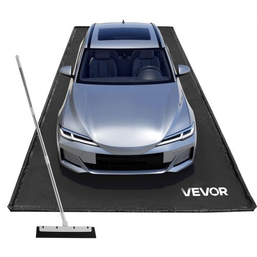 Containment Mat, 2.4 x 5.5 m, Non-Slip PVC Garage Floor Mat with a Cleaning Squeegee Broom, Heavy Duty Durable Waterproof Containment Protection from Snow, Rain and Mud for Cars Parking, Black