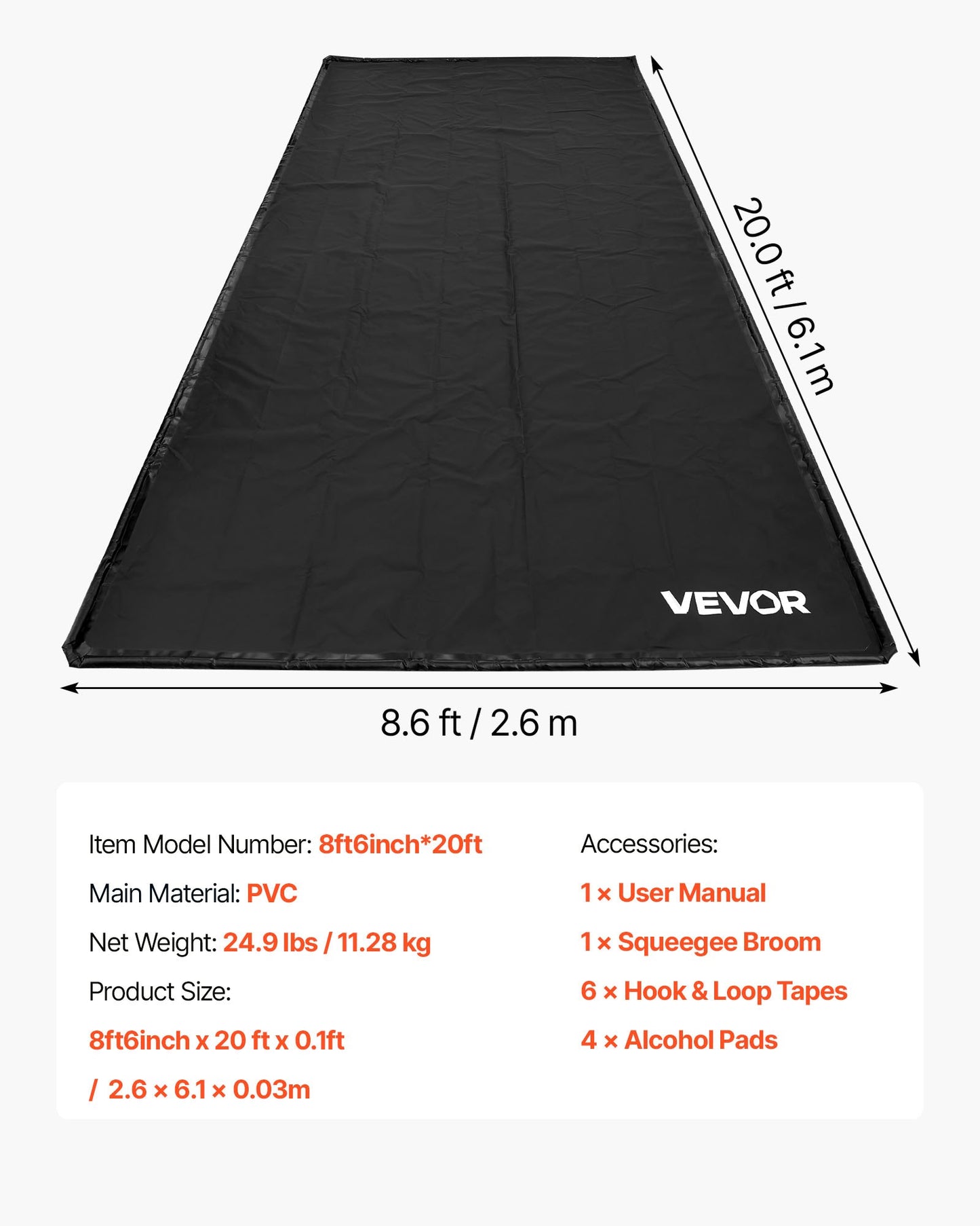 Containment Mat, 2.6 x 6.1 m, Non-Slip PVC Garage Floor Mat with a Cleaning Squeegee Broom, Heavy Duty Durable Waterproof Protection from Snow, Rain and Mud for Cars SUVs Trucks Parking, Black