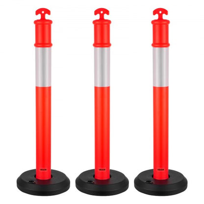 3-pack trafikavgränsningsstolpar, 1140 mm trafiksäkerhetskoner med fyllbar bas och reflexremsor, kraftiga avgränsningsstolpar för byggarbetsplatser, parkeringsplatser, trängselkontroll, röd
