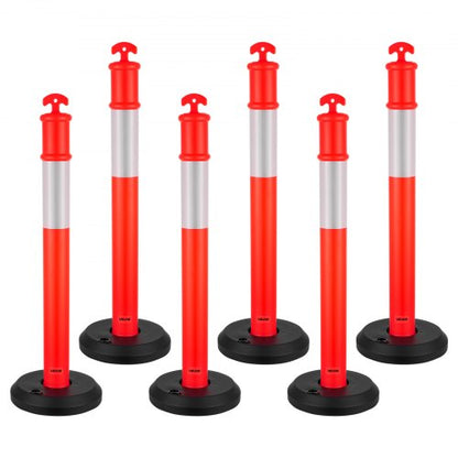 6 Pack Traffic Delineator Posts, 1140 mm Traffic Safety Cones with Fillable Base and Reflective Strips, Heavy Duty Delineator Posts for Construction Site, Parking Lot, Crowd Control, Red