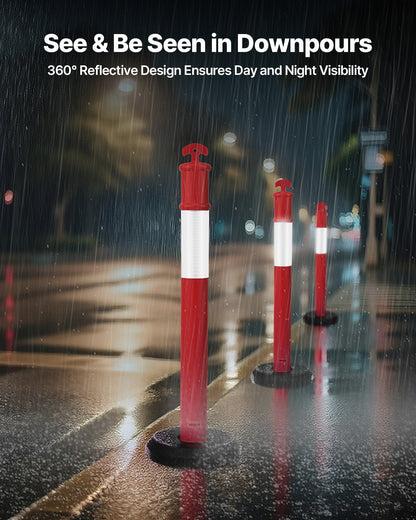 9-pack trafikavgränsningsstolpar, 1140 mm trafiksäkerhetskoner med fyllbar bas och reflexremsor, kraftiga avgränsningsstolpar för byggarbetsplatser, parkeringsplatser, trängselkontroll, röd