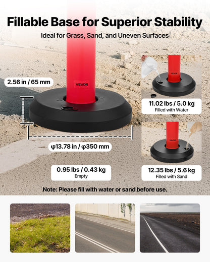 9-pack trafikavgränsningsstolpar, 1140 mm trafiksäkerhetskoner med fyllbar bas och reflexremsor, kraftiga avgränsningsstolpar för byggarbetsplatser, parkeringsplatser, trängselkontroll, röd