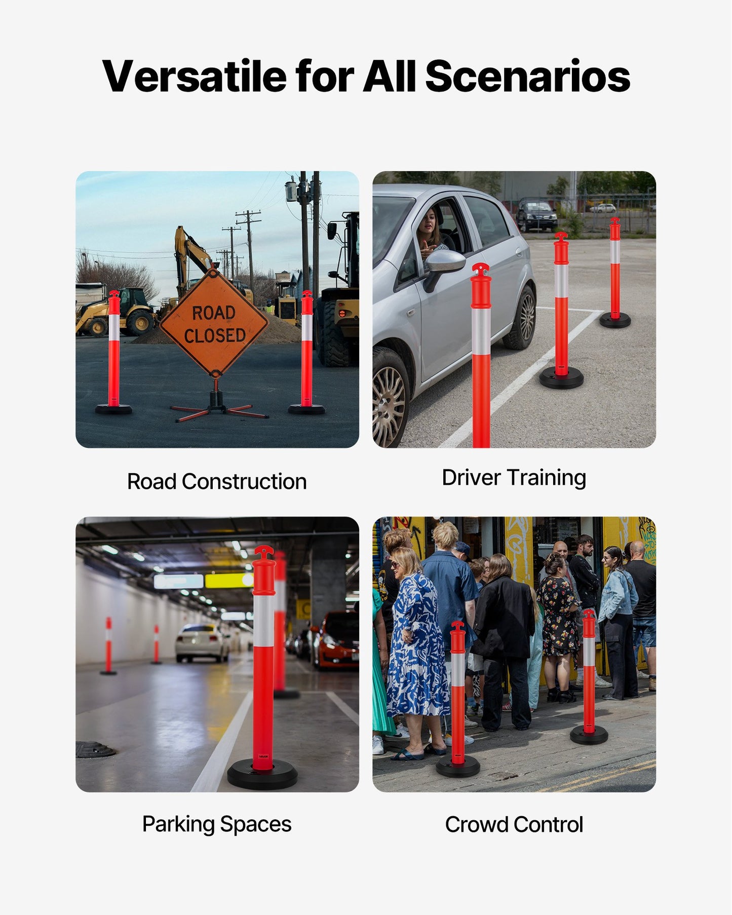 9-pack trafikavgränsningsstolpar, 1140 mm trafiksäkerhetskoner med fyllbar bas och reflexremsor, kraftiga avgränsningsstolpar för byggarbetsplatser, parkeringsplatser, trängselkontroll, röd