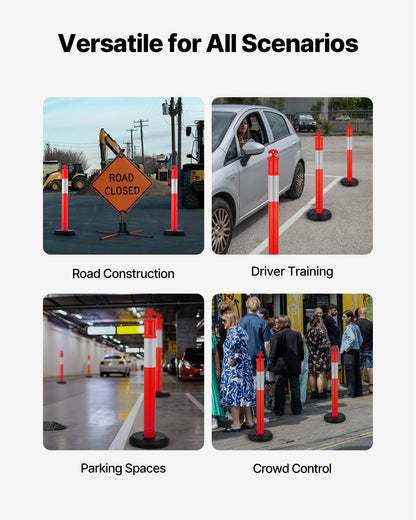 9-pack trafikavgränsningsstolpar, 1140 mm trafiksäkerhetskoner med fyllbar bas och reflexremsor, kraftiga avgränsningsstolpar för byggarbetsplatser, parkeringsplatser, trängselkontroll, röd