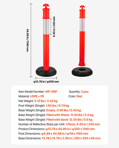 2 Pack Traffic Delineator Posts, 1140 mm Traffic Safety Cones with Fillable Base and Reflective Strips, Heavy Duty Delineator Posts for Construction Site, Parking Lot, Crowd Control, Red