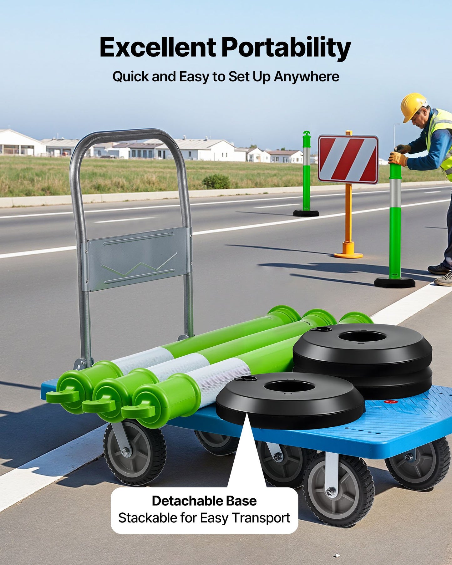 3-pack trafikavgränsningsstolpar, 1140 mm trafiksäkerhetskoner med fyllbar bas och reflexremsor, kraftiga avgränsningsstolpar för byggarbetsplatser, parkeringsplatser, trängselkontroll, gröna