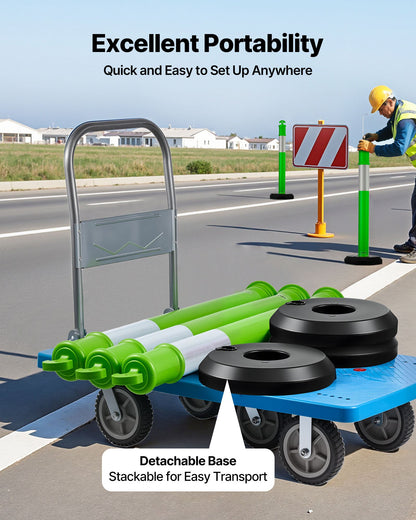 3-pack trafikavgränsningsstolpar, 1140 mm trafiksäkerhetskoner med fyllbar bas och reflexremsor, kraftiga avgränsningsstolpar för byggarbetsplatser, parkeringsplatser, trängselkontroll, gröna