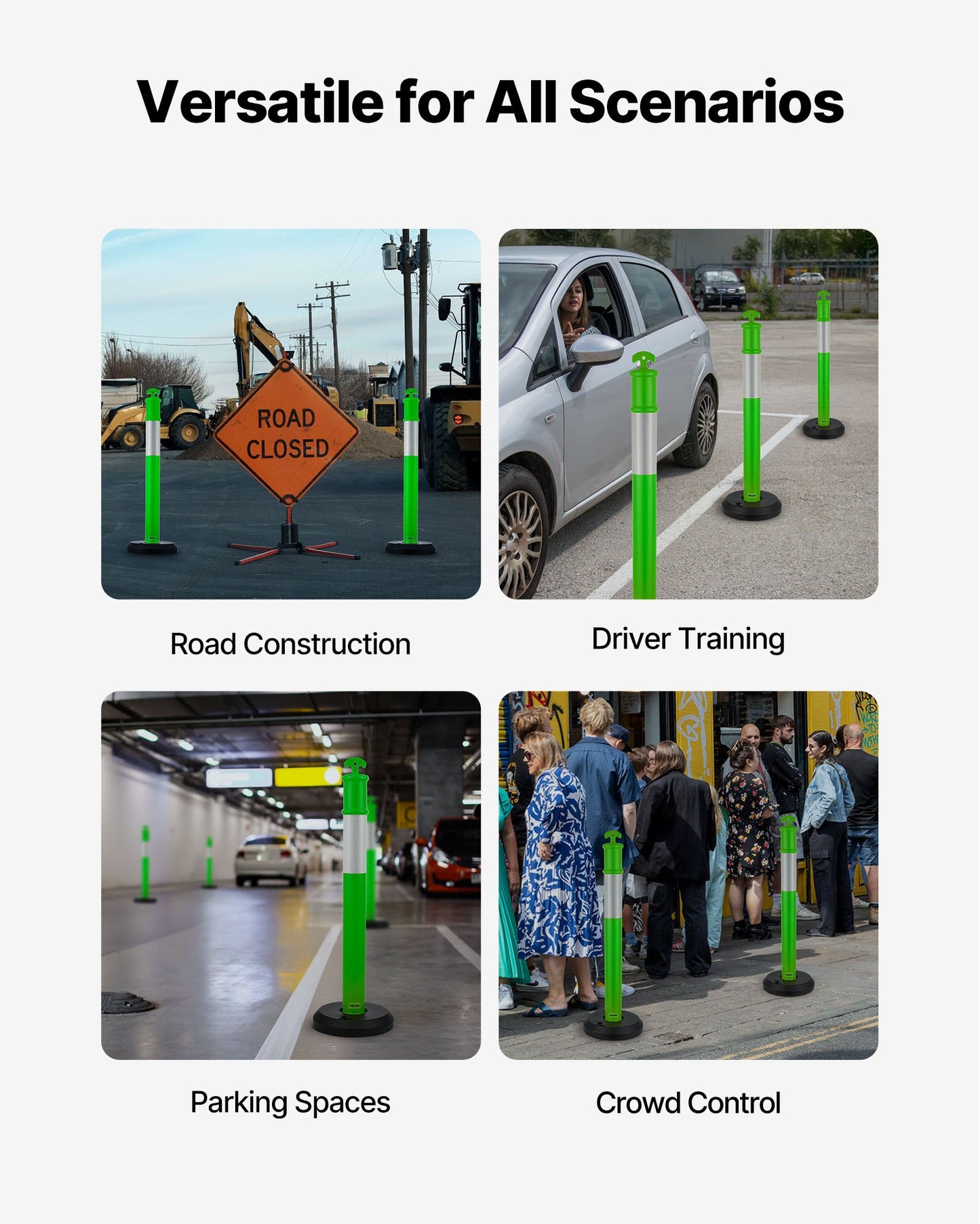 3-pack trafikavgränsningsstolpar, 1140 mm trafiksäkerhetskoner med fyllbar bas och reflexremsor, kraftiga avgränsningsstolpar för byggarbetsplatser, parkeringsplatser, trängselkontroll, gröna