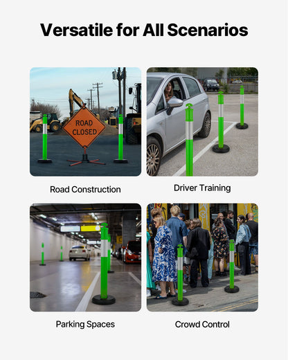 3-pack trafikavgränsningsstolpar, 1140 mm trafiksäkerhetskoner med fyllbar bas och reflexremsor, kraftiga avgränsningsstolpar för byggarbetsplatser, parkeringsplatser, trängselkontroll, gröna