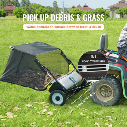 Tow Behind Lawn Sweeper, 111.7 cm Pull Behind Lawn Sweeper, 25 cu. ft Large Capacity Leaf & Grass Collector, Heavy Duty Garden Sweeper with Adjustable Sweeping Height for Yard, Lawn, Farm