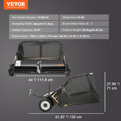 Tow Behind Lawn Sweeper, 111.7 cm Pull Behind Lawn Sweeper, 25 cu. ft Large Capacity Leaf & Grass Collector, Heavy Duty Garden Sweeper with Adjustable Sweeping Height for Yard, Lawn, Farm