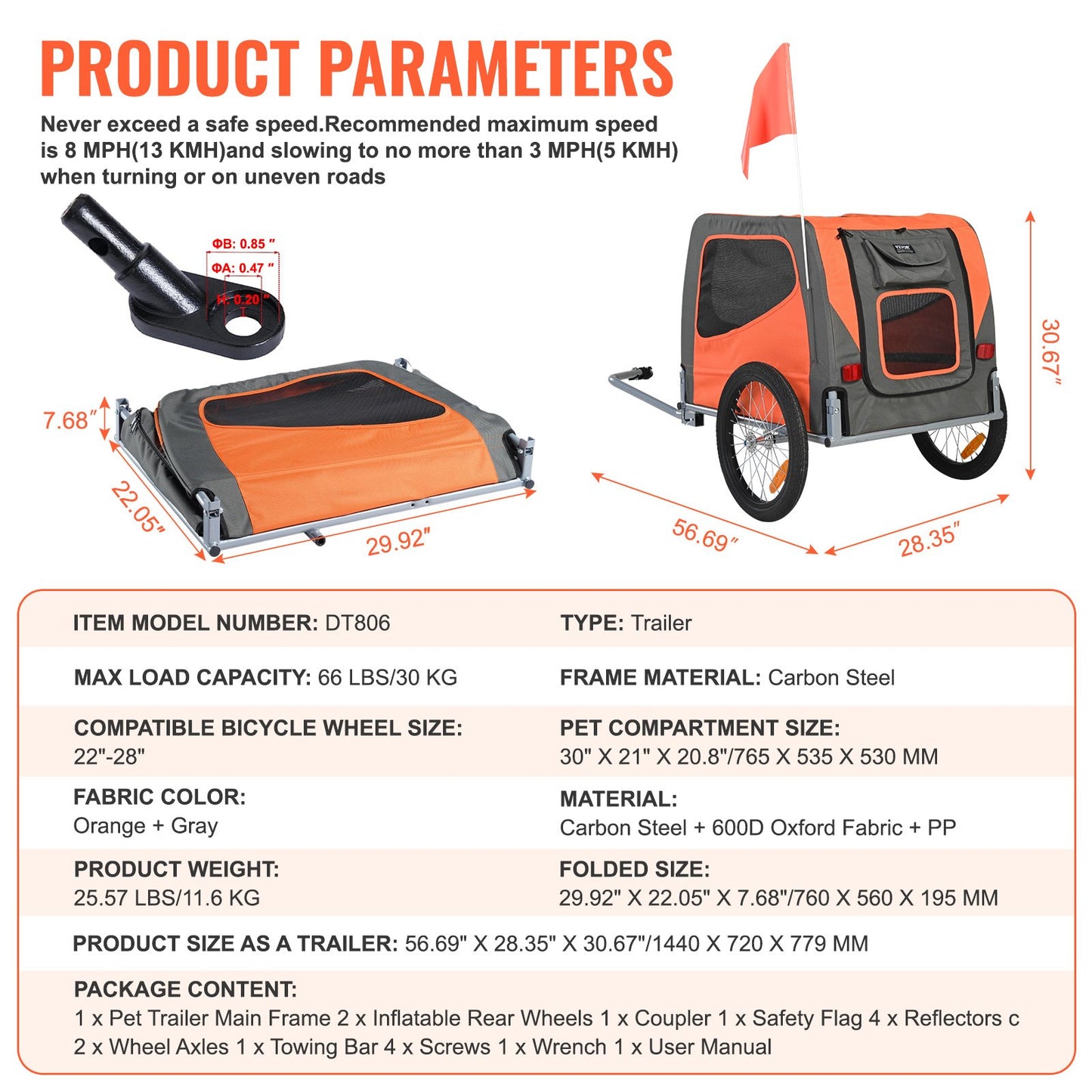 Hundcykelkärra, Stöder upp till 32 kg, Cykelhållare för husdjur, Lättfällbar ram med snabbkopplingshjul, Universal cykelfäste, Reflexer, Flagga, Hopfällbar för förvaring, Orange/Grå