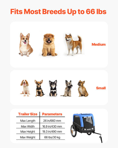 Hundcykelkärra, Stöder upp till 30 kg, Cykelhållare för små och medelstora hundar, Lättfällbar ram med snabbkopplingshjul, Universal cykelkoppling, Reflex, Flagga, Invändigt koppel