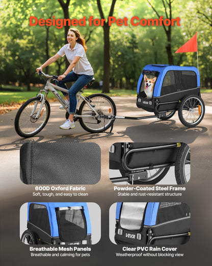 Hundcykelkärra, Stöder upp till 30 kg, Cykelhållare för små och medelstora hundar, Lättfällbar ram med snabbkopplingshjul, Universal cykelkoppling, Reflex, Flagga, Invändigt koppel