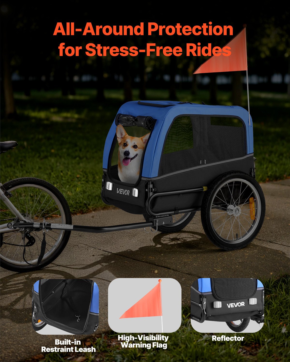 Hundcykelkärra, Stöder upp till 30 kg, Cykelhållare för små och medelstora hundar, Lättfällbar ram med snabbkopplingshjul, Universal cykelkoppling, Reflex, Flagga, Invändigt koppel