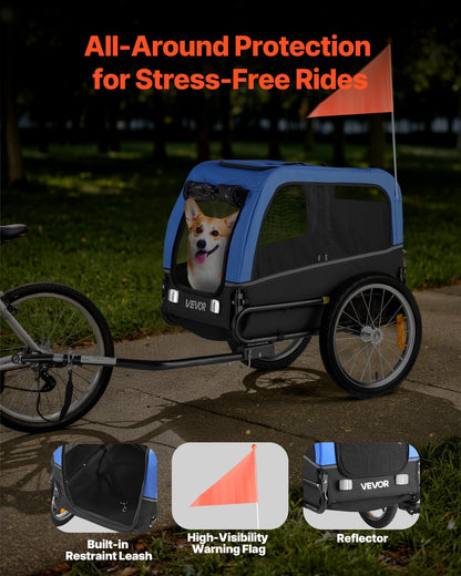 Hundcykelkärra, Stöder upp till 30 kg, Cykelhållare för små och medelstora hundar, Lättfällbar ram med snabbkopplingshjul, Universal cykelkoppling, Reflex, Flagga, Invändigt koppel