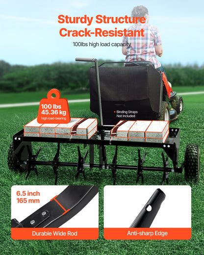 Tow Behind Plug Aerator, 40-Inch Tow Behind Lawn Plug Aerator with Universal Hitch, Pull Behind Aerator with Iron Spikes Alternately Arranged, Lawn Aerator Tow Behind for Gardens, Lawns, Farms